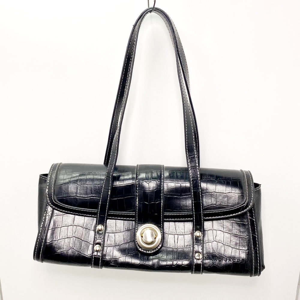 Black Faux Alligator Handbag with Front closure